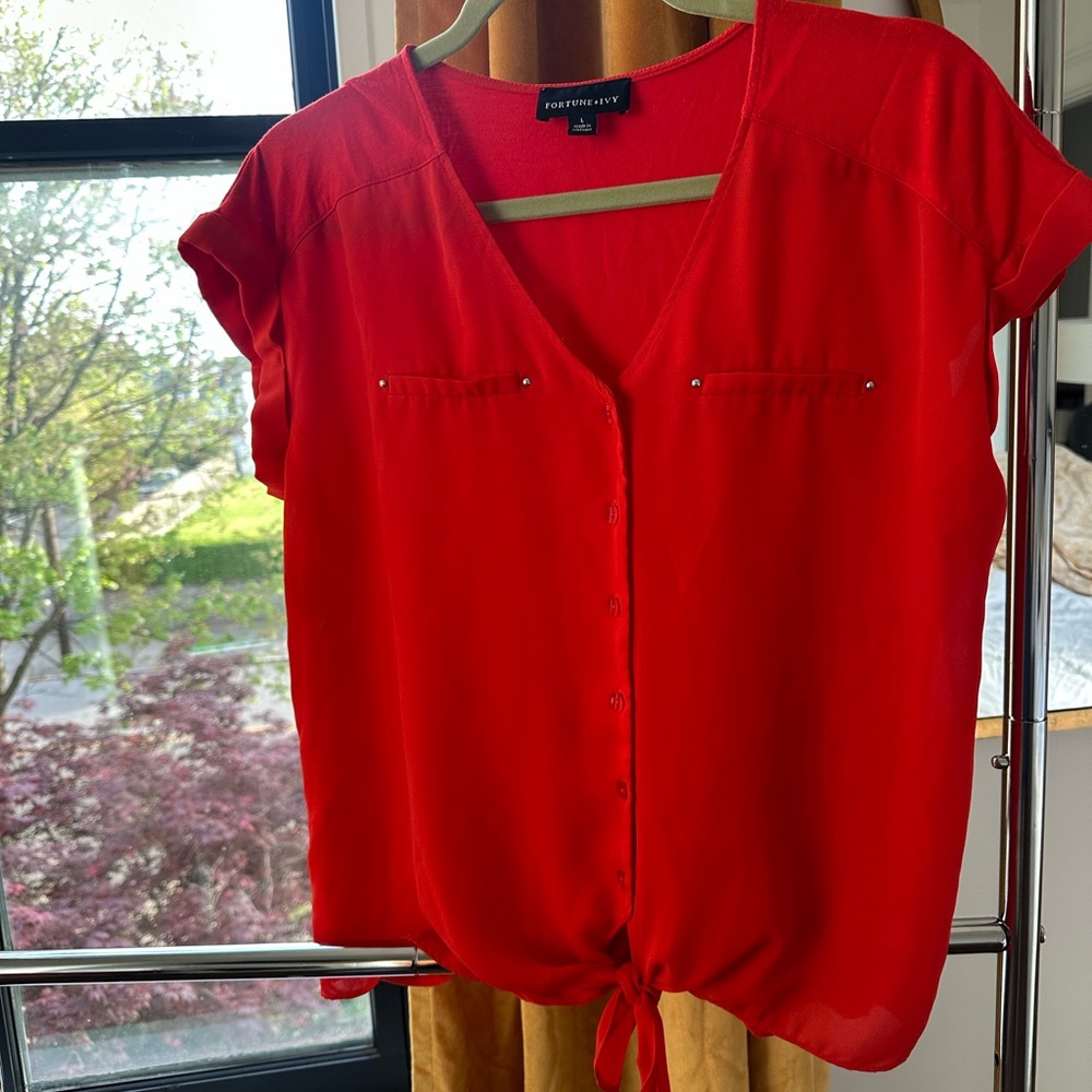 Fortune and Ivy Women's Red sheer front tie blouse size Large